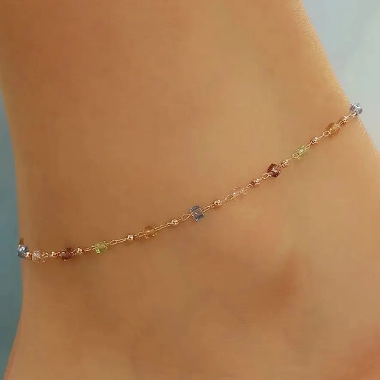 Colorful Adjustable Rhinestone Anklet for Women Summer Beach Gold Color Thin Chain Party Anklet