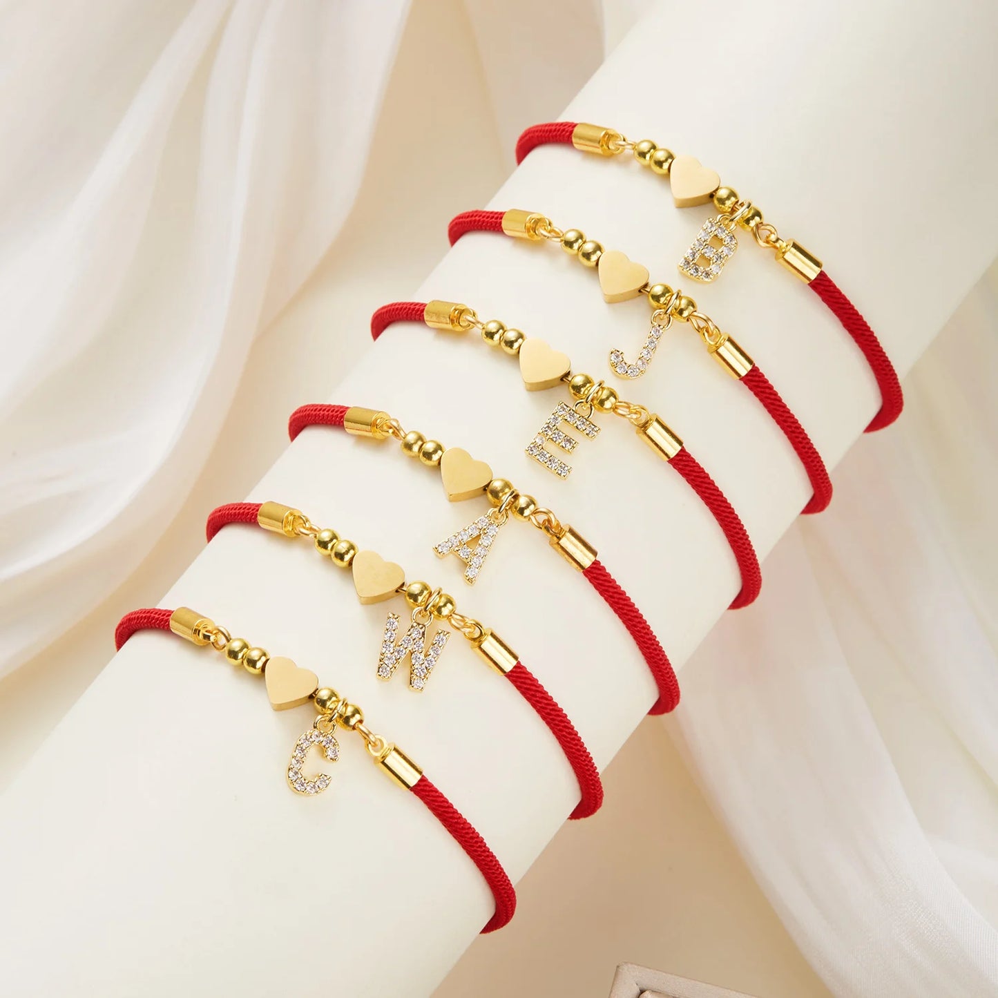 Gold Tone Stainless Steel Heart A to Z Bracelet for Women, Adjustable Red Rope Bracelet, Charm Jewelry Gift