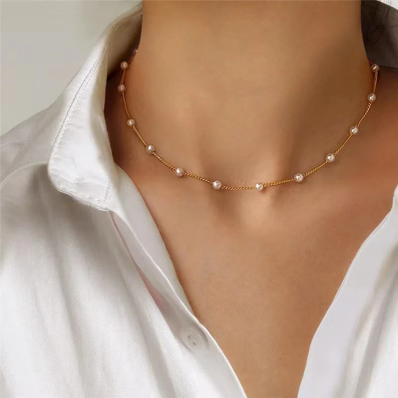 Women's Pearl Necklace Set, 3 Pieces, 14K Gold, Love Heart Shape, Waterproof, Hypoallergenic, Clavicle Chain