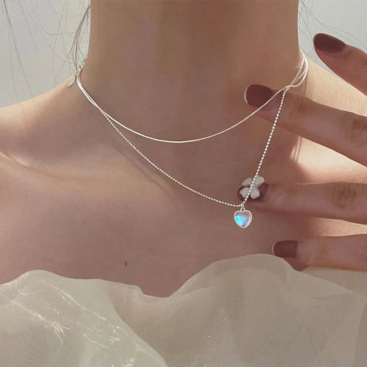 Delicate Heart Shaped French Lucky Bead Clavicle Chain Simple Necklace for Women Two Layers Durable