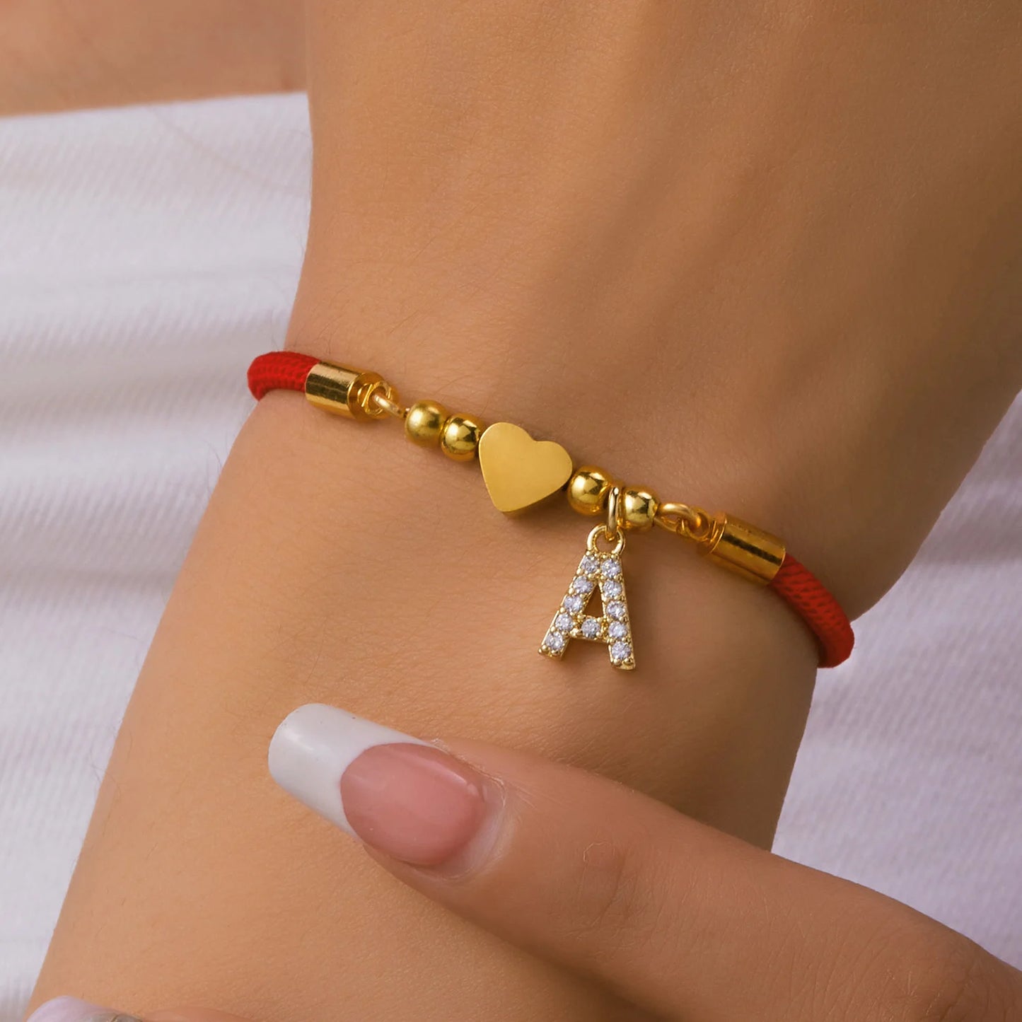 Gold Tone Stainless Steel Heart A to Z Bracelet for Women, Adjustable Red Rope Bracelet, Charm Jewelry Gift