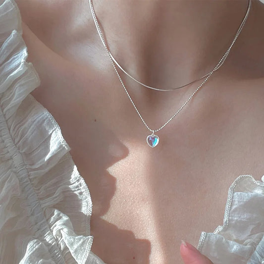 Delicate Heart Shaped French Lucky Bead Clavicle Chain Simple Necklace for Women Two Layers Durable