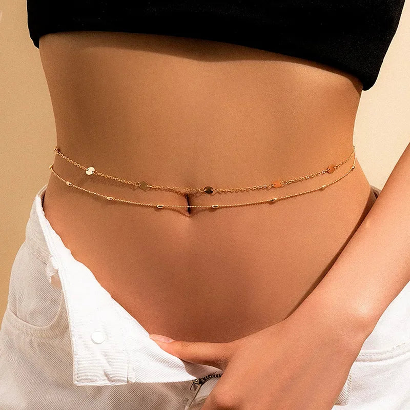 Elegant and sexy round bead belly chain, double waist chain, simple thick metal chain, women's body chain
