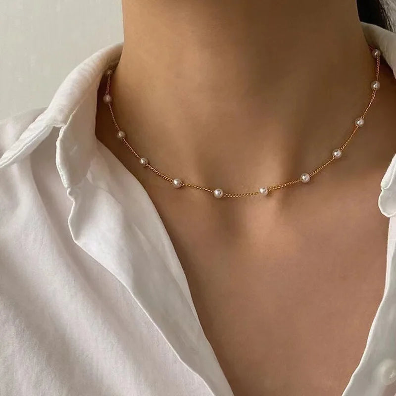 Women's Pearl Necklace Set, 3 Pieces, 14K Gold, Love Heart Shape, Waterproof, Hypoallergenic, Clavicle Chain