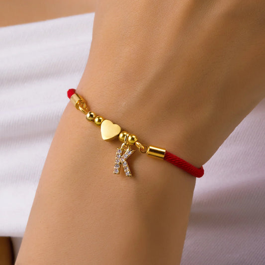 Gold Tone Stainless Steel Heart A to Z Bracelet for Women, Adjustable Red Rope Bracelet, Charm Jewelry Gift