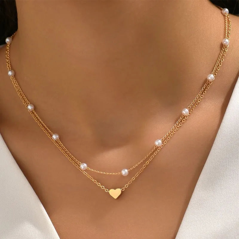 Women's Pearl Necklace Set, 3 Pieces, 14K Gold, Love Heart Shape, Waterproof, Hypoallergenic, Clavicle Chain