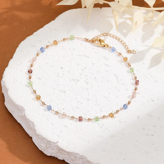 Colorful Adjustable Rhinestone Anklet for Women Summer Beach Gold Color Thin Chain Party Anklet