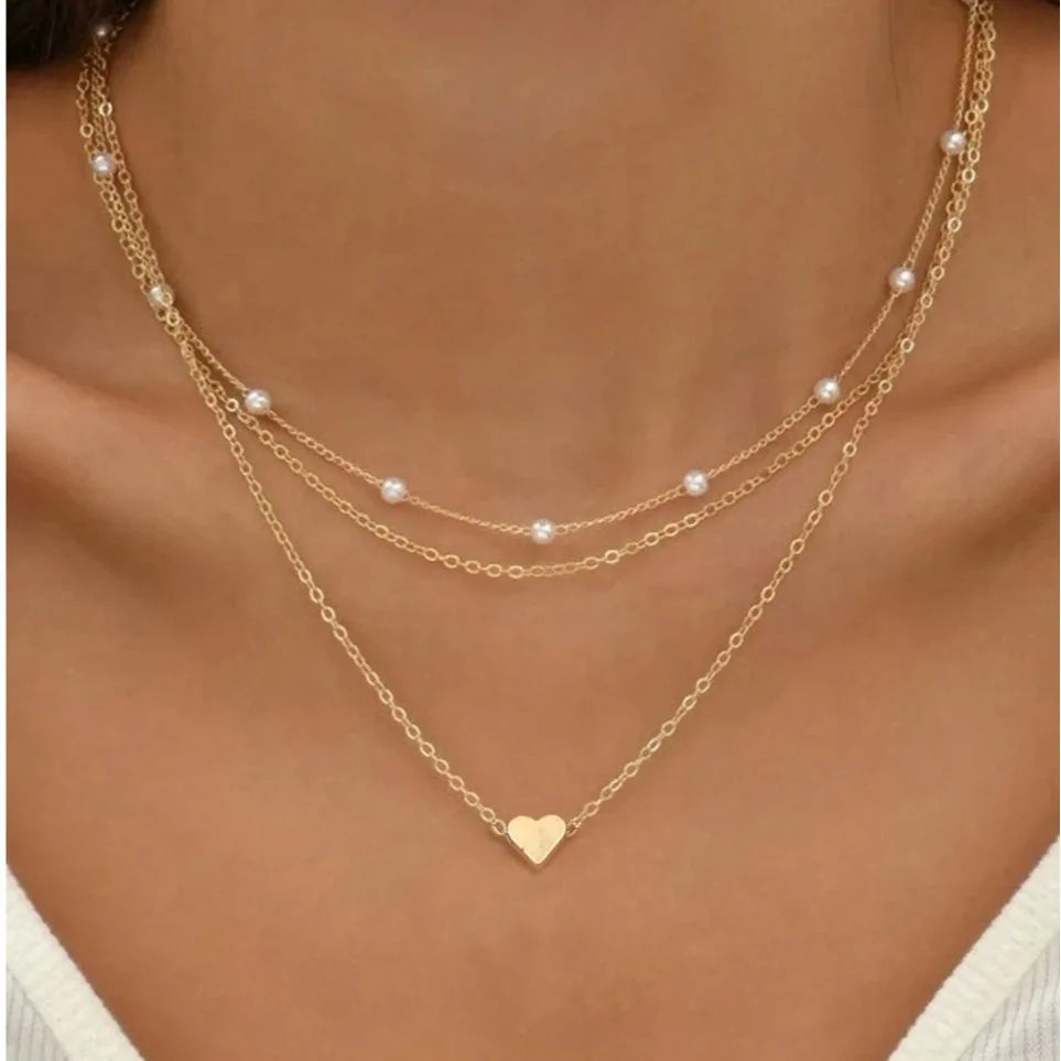 Women's Pearl Necklace Set, 3 Pieces, 14K Gold, Love Heart Shape, Waterproof, Hypoallergenic, Clavicle Chain