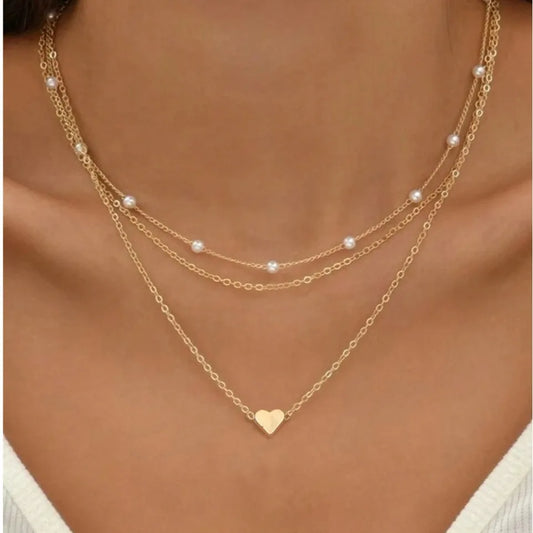 Women's Pearl Necklace Set, 3 Pieces, 14K Gold, Love Heart Shape, Waterproof, Hypoallergenic, Clavicle Chain