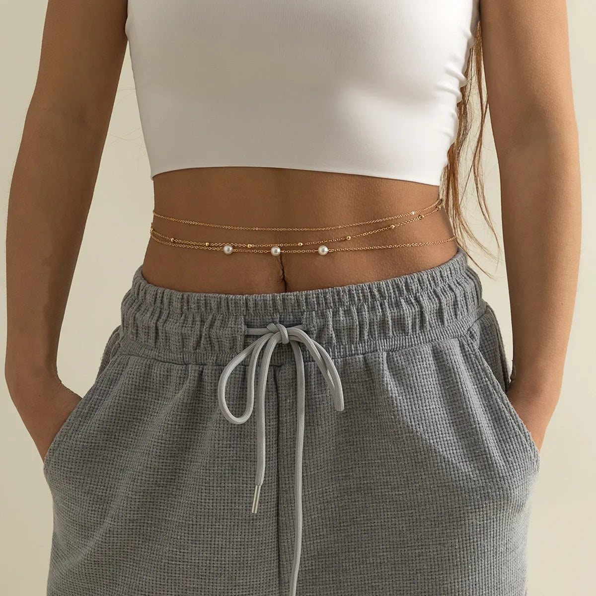 Elegant and sexy round bead belly chain, double waist chain, simple thick metal chain, women's body chain