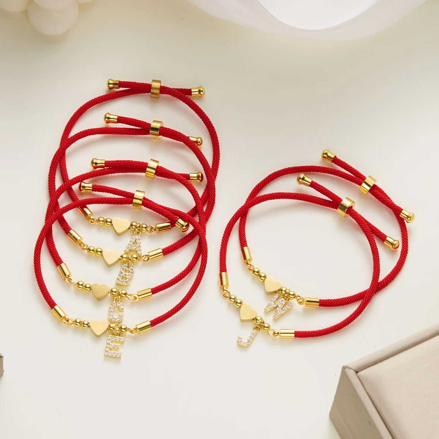 Gold Tone Stainless Steel Heart A to Z Bracelet for Women, Adjustable Red Rope Bracelet, Charm Jewelry Gift