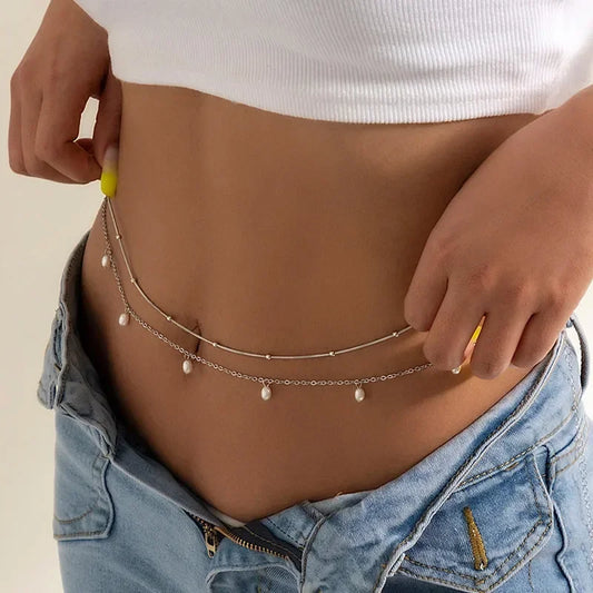 New Sexy Double Layer Pearl Chain Women Waist Beads Belly Belt Body Jewelry Beach Summer